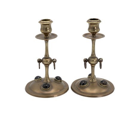 Howell James &amp; Co of London - pair of late 19th Century Arts and Crafts candlesticks with agate "Tiger Eye" cabochons. He