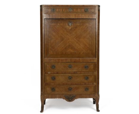 Mid 19th Century French walnut secretaire with parquetry and gilt metal detailing and black marble top comprising drop down l