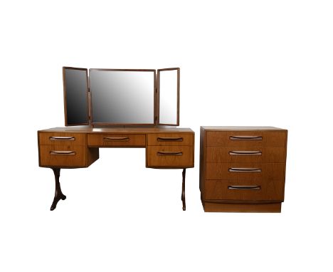 Mid 20th Century G-Plan teak dressing suite comprising dressing table and small chest of drawers. The dressing table having t