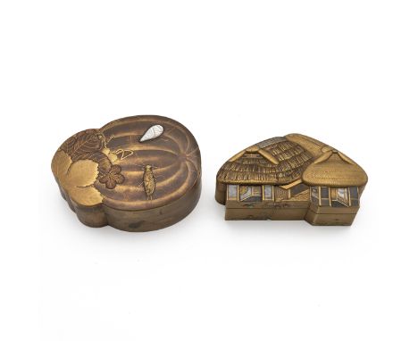 Two Meiji, late 19th-century/early 20th-century Japanese gold lacquered boxes and covers, the first decorated with silver det