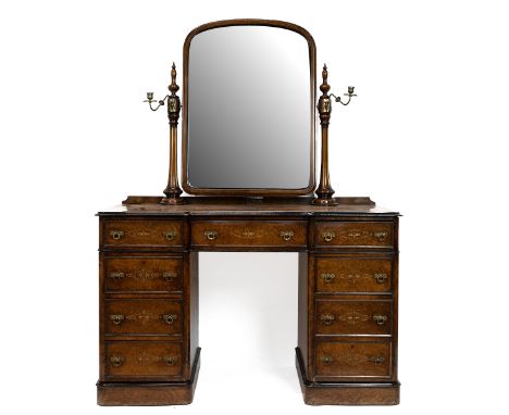 Mid 19th Century Gothic Revival dressing table in burr walnut of kneehole pedestal form, with swing mirror supported by turne