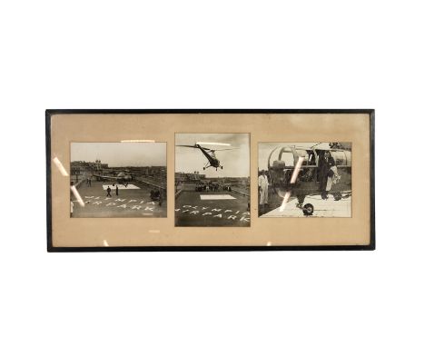 Helicopter history. Original framed publicity photographs depicting the 1st helicopter to land on a London roof c1948. A West