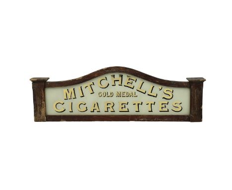 Antique 'Mitchell's gold medal Cigarettes' shop sign c1900. Stained wood frame with reverse applied gilt lettering. Likely fr