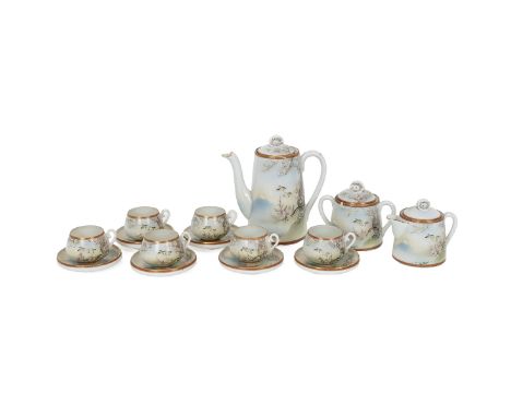 Japanese Egg Shell porcelain coffee set comprising six cups, six saucers, lidded sugar bowl, lidded cream jug and coffee pot 