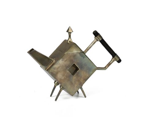 Christopher Dresser style silver plated teapot of angular square form with arrow head finial and central hole, raised on four