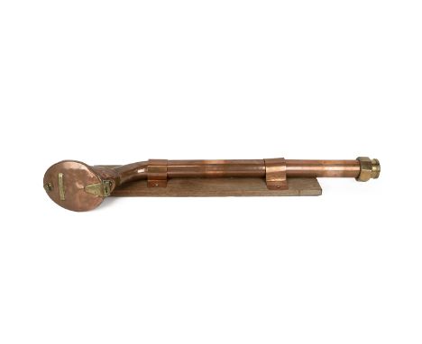 19th Century steam ship's copper and brass vent/voice pipe mounted on a wooden plaque inscribed to the lid 'ENGINE ROOM'. L98