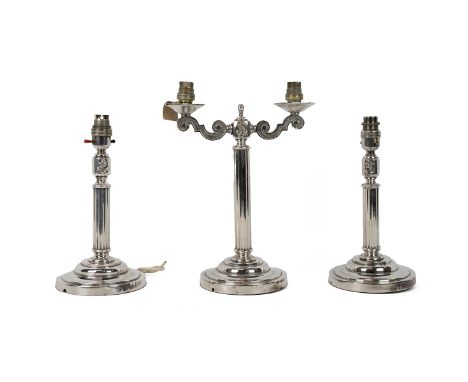 Vintage silver plated Royal Navy Ship's table lamps, c1930's. Weighted bases with anchor emblem to two sides of each, often u