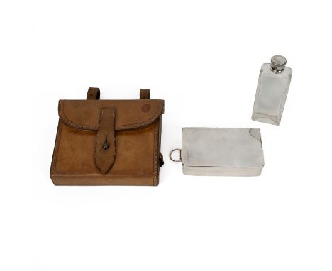 James Dixon and Sons leather cased white metal sandwich box, with impressed maker's mark, and glass flask with white metal mo