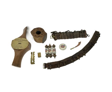 Military interest - Boer War period leather bandolier, stamped RF 201; Swedish leather and cloth bandolier; WW1 era Ebora Pro