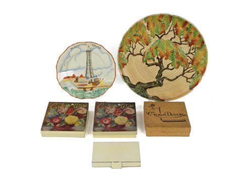 Art Deco ceramics: Carlton ware oak tree plate and 2 x boxed pickle dishes; Ivory Ware Blackpool plate; Crown Devon ware boxe