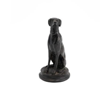 After Antoine Louis-Barye a bronze figurine of a seated greyhound on a cast socle. Height 16cm.