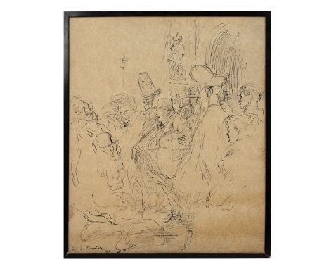 Feliks Topolski RA (1907-1989) - Pen and ink sketch of Winston Churchill exiting a doorway, surrounded by policemen and a cro