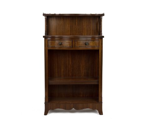Mahogany Georgian style small serpentine bookcase. Two drawers with two adjustable shelves below. Fixed shelf above. W 65cm, 