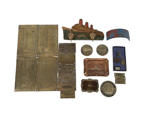 Nautical interest - Bronze clips from RMS Queen Mary mounted on carved ship back, 2 x coasters and a keyring made from RMS Qu