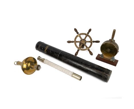 Nautical interest: Vintage bronze Teleflex engine room telegraph, mounted on a wooden plinth, W 27cm, H 23cm; antique bronze 