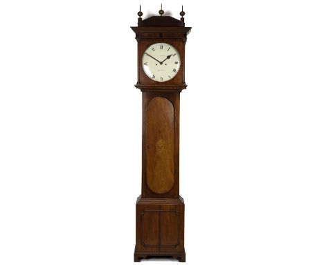 Early 19th Century eight day longcase clock in a mahogany, with a thistle fruitwood inlay to the rounded lockable door. The c