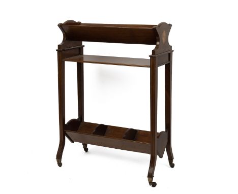 Edwardian mahogany book trough on stand. Boxwood inlay stringing and oval fan inlay, on ceramic castors. W 54cm, D 30cm, H 76