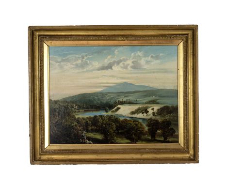 19th century unsigned oil on board landscape, hunting figure with gun and hounds in woodland to foreground, river and buildin