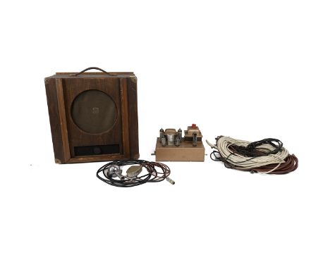 Vintage audio valve amplifier, WHAREDALE W10/CSB model speaker and a 1950's PIEZO Electrico microphone.