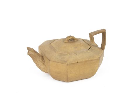 A late 18th Century octagonal shaped Wedgwood caneware teapot with decoration to the finial and spout. Impressed mark 16.5cm 