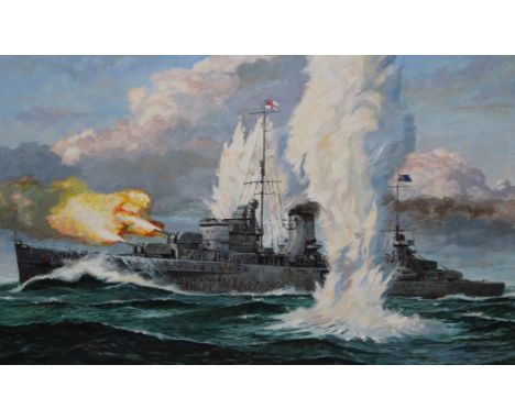 Brian Sanders (British, B. 1937) "HMNZS Achilles at the Battle of the River Plate" Original Oil Painting on Canvas Board. Pro