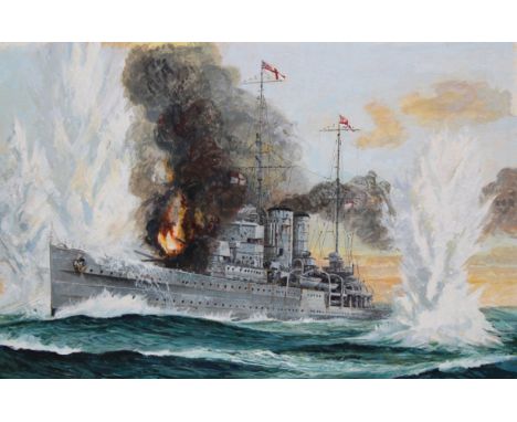 Brian Sanders (British, B. 1937) "HMS Exeter at the Battle of the River Plate" Original Oil Painting on Canvas Board. Provena