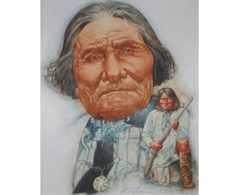 Hodges Soileau (American, B. 1943) "Geronimo" Signed lower right. Original Mixed Media painting on Illustration Board. Proven