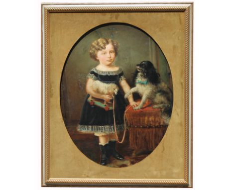 Signed, 19th Century Portrait of a Young Girl Depicting a young blue-eyed girl with her pet dog, holding a toy. Indistinctly 