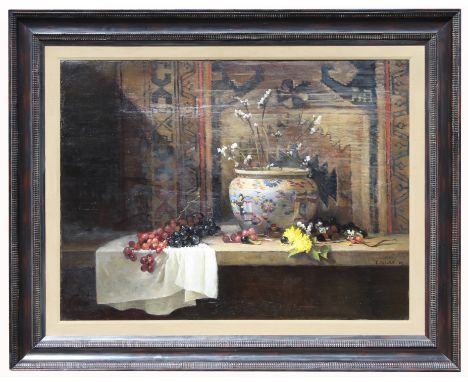 Eleanor Moore (New York, Illinois, late 20th C.) Large still life painting depicting an oriental vase, a cluster of grapes on