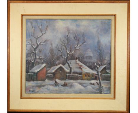 Yvonne De Saint Cyr (20th C.) winter landscape of a village with figures playing in the foreground. Signed lower left. Oil on