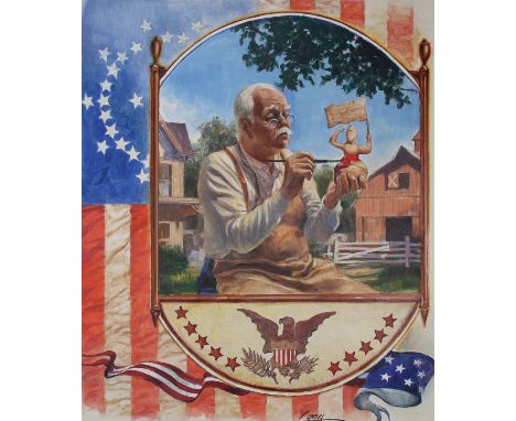 Dennis Lyall (American, B. 1946) "19th C. Folk Art Woodcarving" Signed lower right. Original Oil painting on Canvas. Provenan