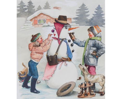 Jim Butcher (American, B. 1944) "Building a Snowman" Signed lower right. Original Mixed Media painting on Illustration Board.