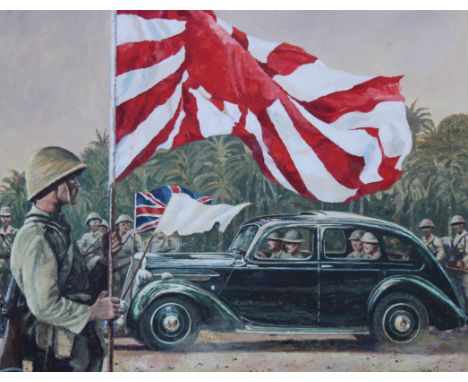 Brian Sanders (British, B. 1937) "Fall of Singapore" Original Oil painting on Canvas. Provenance: Collection of James A. Helz
