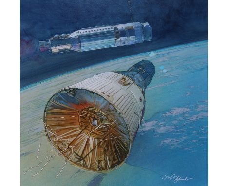 Mark Schuler (American, B. 1951) "First Docking in Space 1966" Signed lower right. Original Mixed Media painting on Illustrat