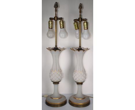 Pair, Gilt French Opaline Pineapple Form Lamps. Each lamp comes with green lamp shade.Total Height: 32 inches.- All lighting 