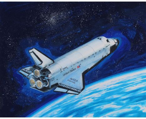 Chris Calle (B. 1961) "John Glenn 1998 Space Shuttle Discovery in Orbit" Signed lower right. Mixed Media on Illustration Boar