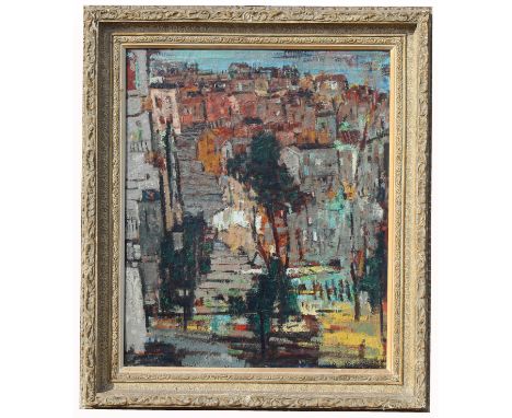 Chao-Chu Ho (Taiwan, Born 1931) Oil on canvas 1959 cityscape painting. Signed and dated lower left. Inscribed verso. Ho gradu