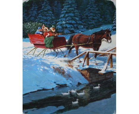 Mel Crawford (Canadian, B. 1925) "Sleigh Ride to Get Christmas Tree" Signed lower left. Original Mixed Media painting on Illu