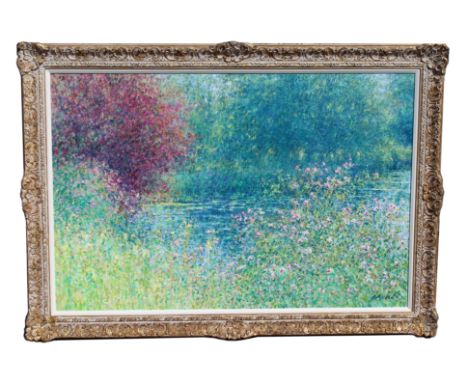 Charles Neal (England, B. 1951) Monumental Impressionist Lily Pond Composition Painting. Oil on Canvas. Signed lower right. C