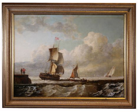Thomas Whitcombe (c. 1760 - c. 1824) Seascape with figures onlooking near the shore. Depicting sailing vessels in rough seas.