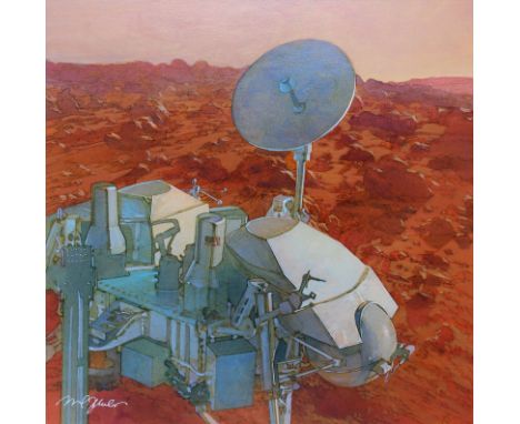 Mark Schuler (American, B. 1951) "First Landing on Mars 1976" Signed lower left. Original Mixed Media painting on Illustratio