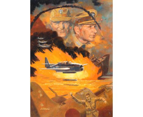 Shannon Stirnweis (B. 1931) "Japanese Defeated at Truk" Signed lower left. Original Oil painting on Illustration Board. This 