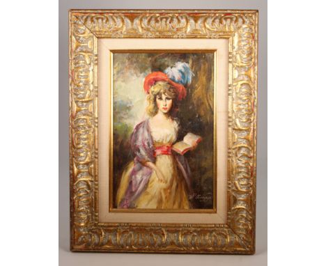 European School, Portrait of Woman in Landscape. Signed lower right. Oil on board. Sight Size: 9 x 6 in. Overall Framed Size: