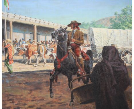 David K. Stone (American, 1922 - 2001) "Trading in Santa Fe" Signed lower right. Original Oil painting on Canvas. Provenance: