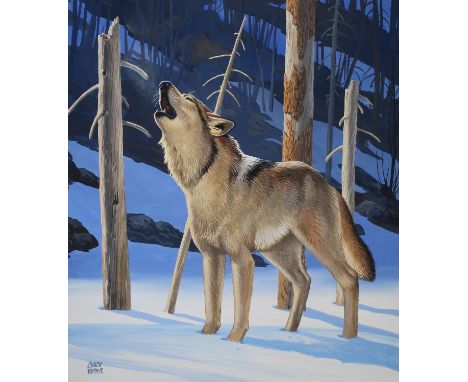 Chuck Ripper (American, B. 1929) "Grey Wolf Howling" Signed lower left. Original Gouache/Watercolor painting on Masonite. Pro