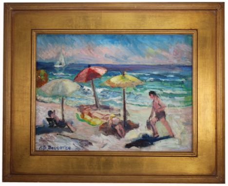 Alice Doughten (New Jersey, 1880 - 1969) 1937 Atlantic City Beach scene with figures. Oil on board. With original inscription