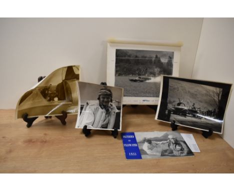 A selection of vintage photographic prints and a pamphlet, dated 1955, of Coniston, Bluebird and Donald Campbell interest.