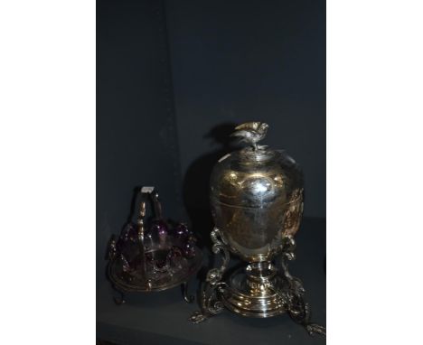A Sheffield Silver Plate Egg Coddler with burner, having eagle finial and an A Lashmore Jewellery Oswestry, plated bon bon di