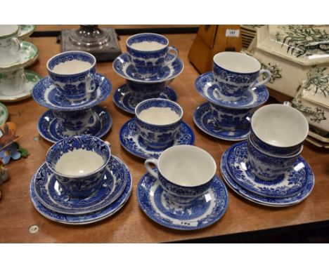 Ten blue and white cups and saucers, including Burleigh Ware Willow.