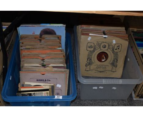 Two boxes of vintage shellac records and a handful of vinyl singles, of classical and easy listening interest.